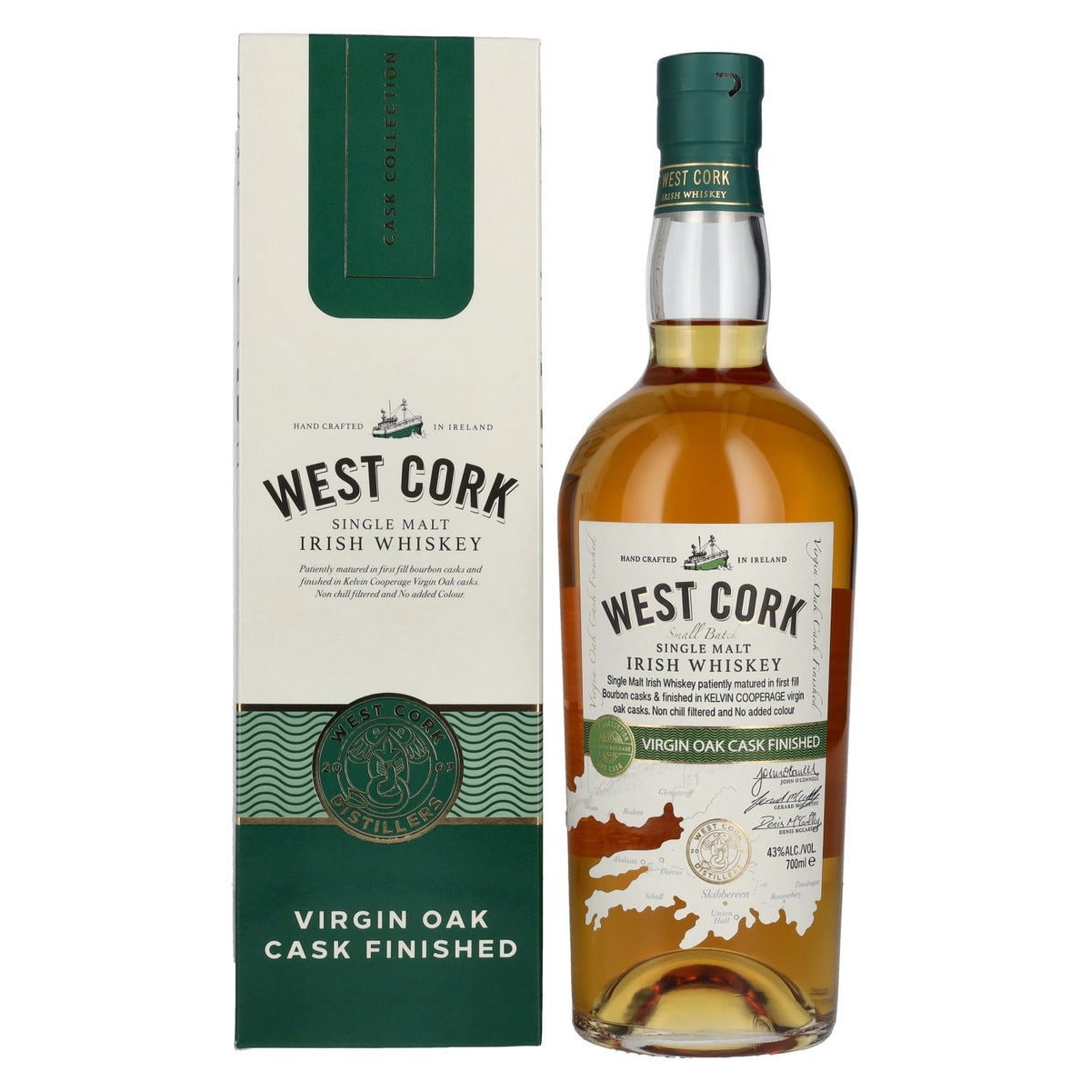 West Cork Irish Whiskey single malt « VIRGIN OAK CASK FINISHED » 43 % vol., 0,7 l, dans un coffret cadeau