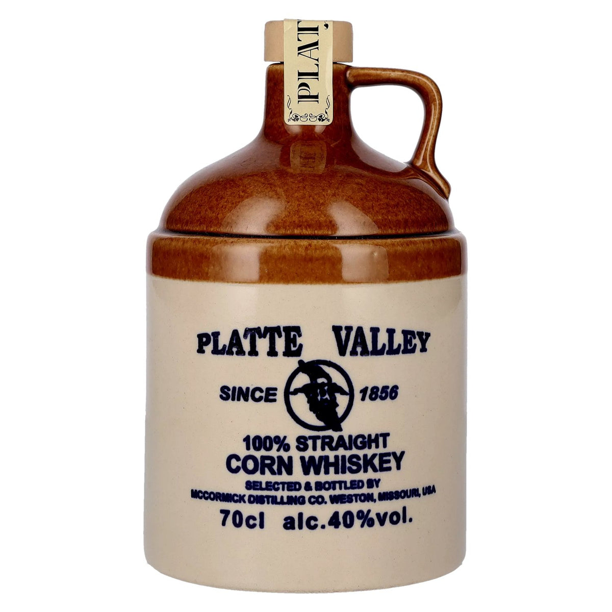 Platte Valley Corn Whisky, 3 Years Old, 40% ABV, 0.7 litres in a clay jug