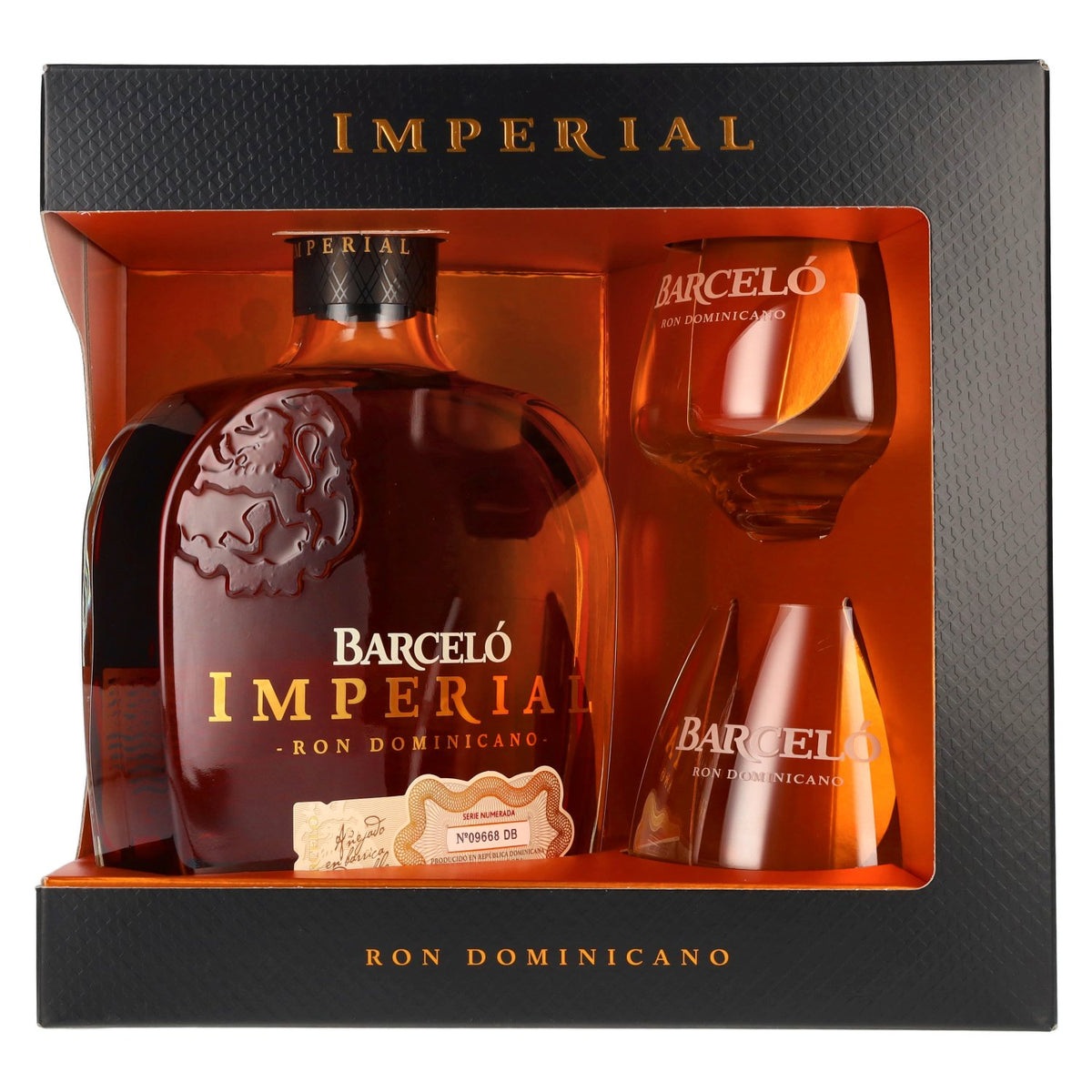 Barceló Imperial Ron Dominicano 38 % vol., 0,7 l, dans un coffret cadeau avec 2 verres
