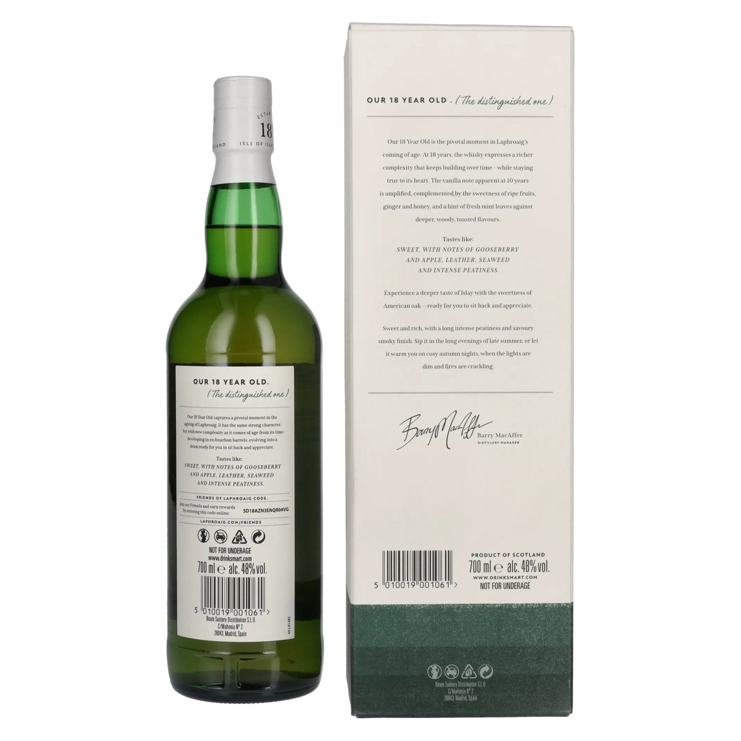 Laphroaig 18 Years Old Islay Single Malt Scotch Whisky 48% Vol. 0,7l in geschenkverpakking