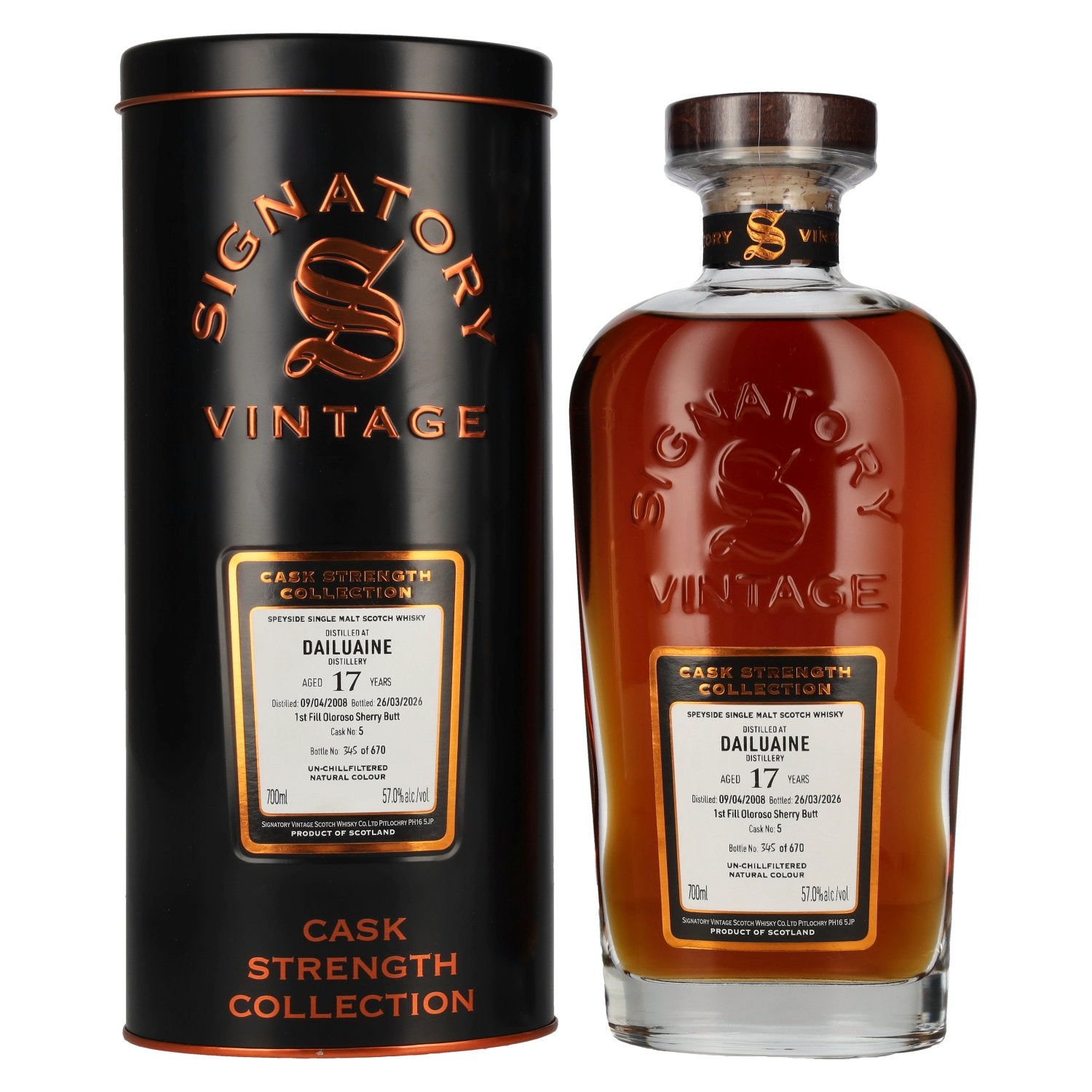 Signatory Vintage Dailuaine 17 jaar oud, 1st Fill Oloroso, cask strength #5 2008, 57% vol., 0,7 l in blikken doos