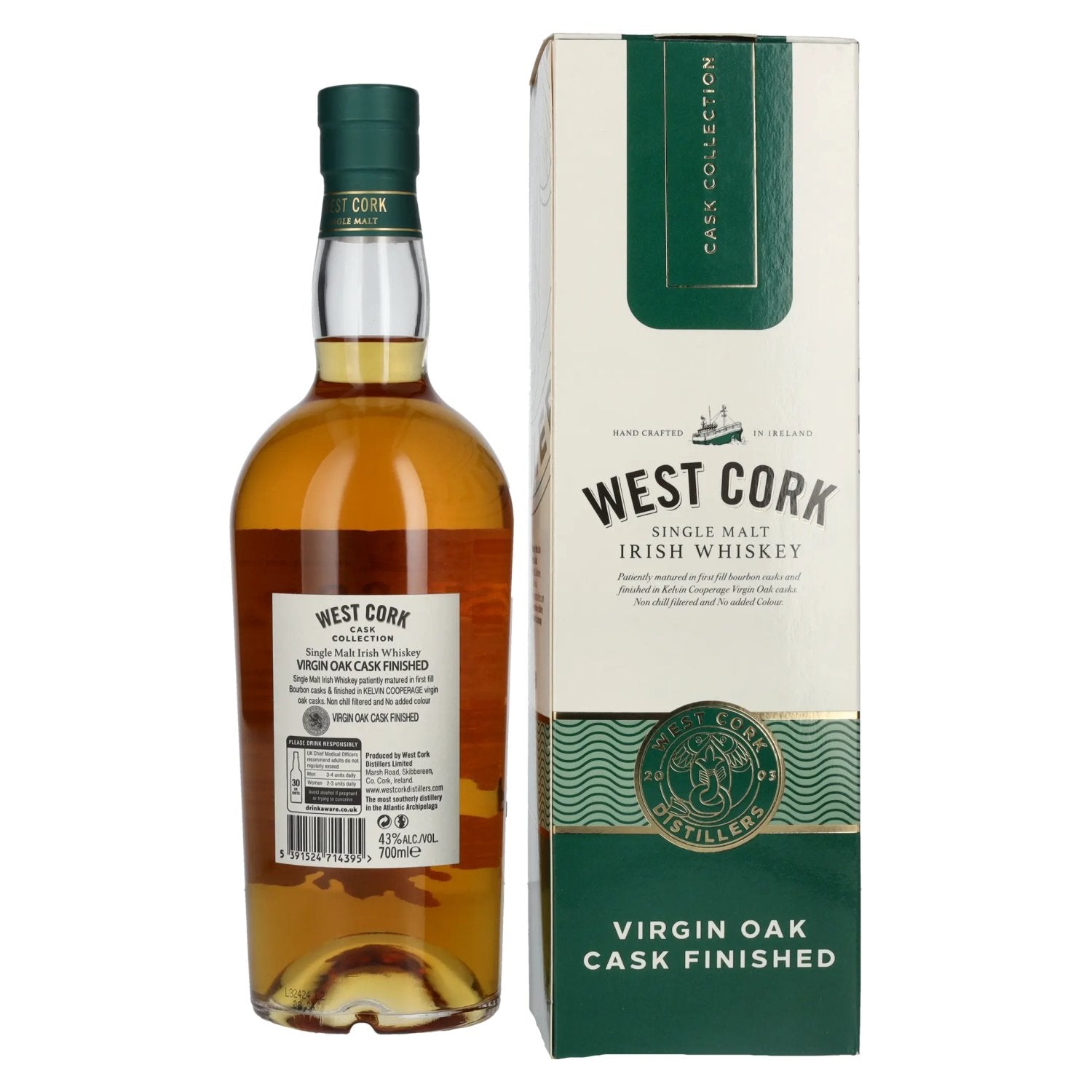 West Cork Irish Whiskey Single Malt VIRGIN OAK CASK FINISHED 43% Vol. 0,7l in geschenkverpakking