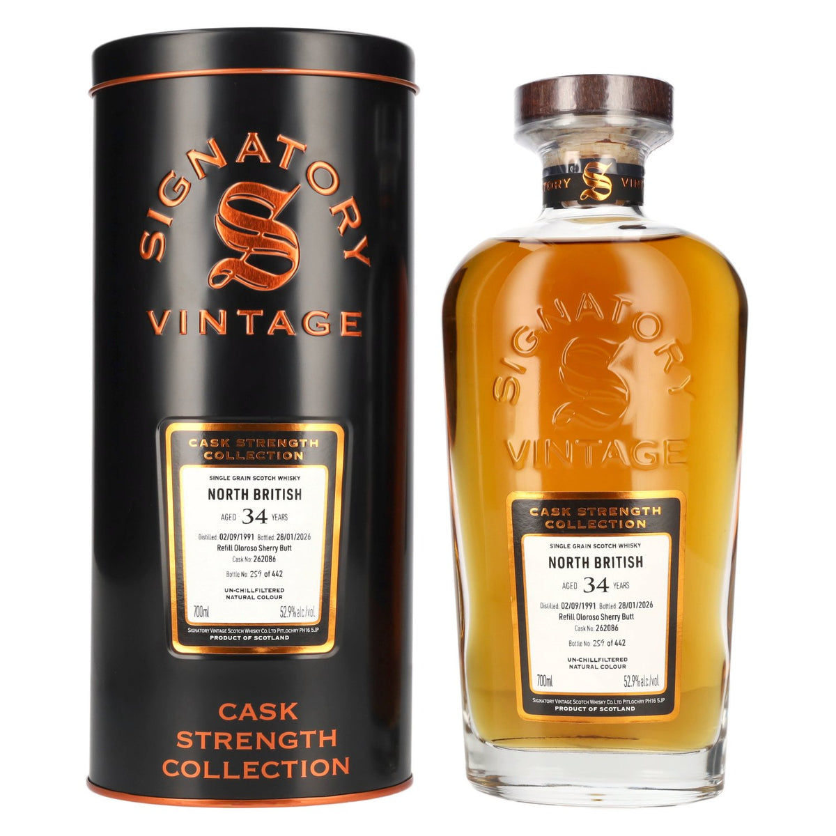 Signatory Vintage North British 34 ans d'âge, refill Oloroso, brut de fût n° 262086, 1991, 52,9 % vol., 0,7 l dans une boîte en fer-blanc
