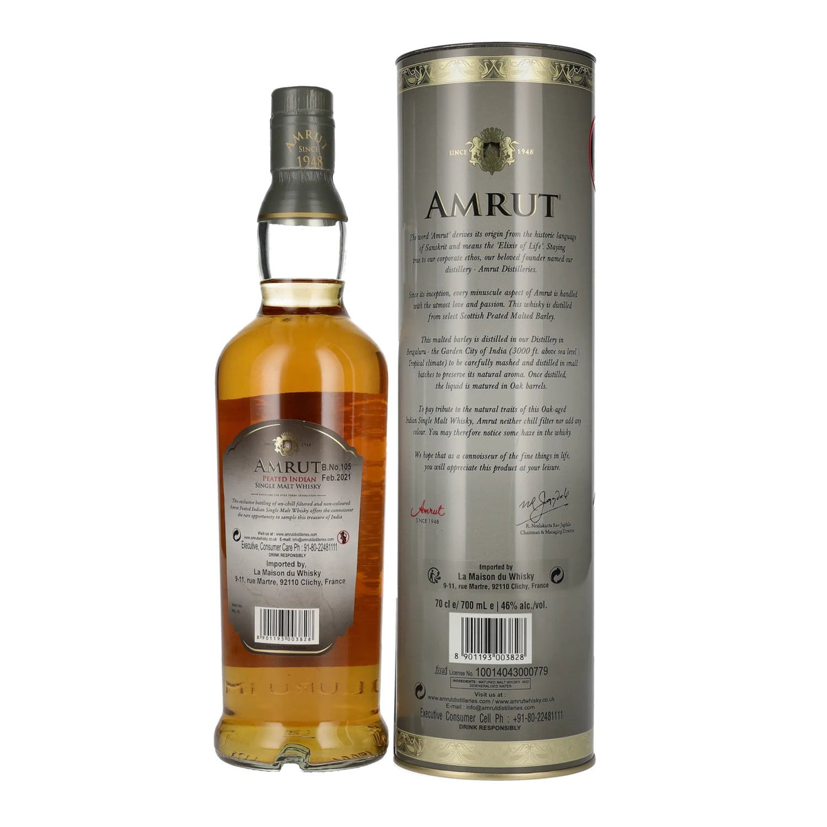Amrut Peated Indian Single Malt Whisky 46% ABV, 0.7l in a tin box