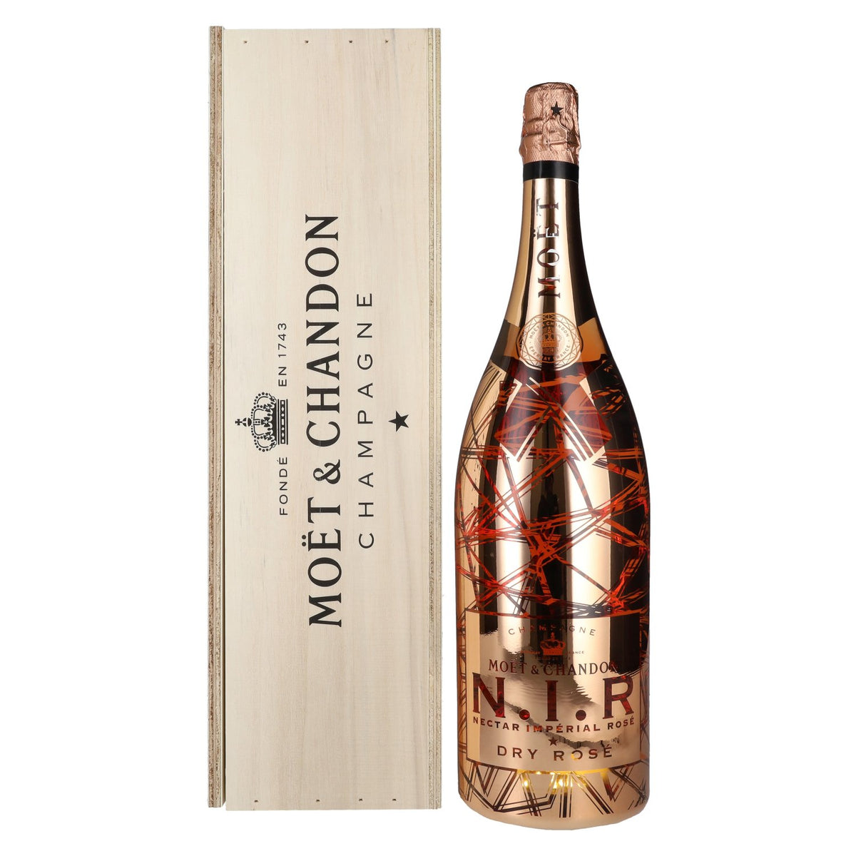 Moët &amp; Chandon N.I.R. Nectar Imperial Rosé Dry Luminous Edition 12 % vol. 3 l dans un coffret en bois