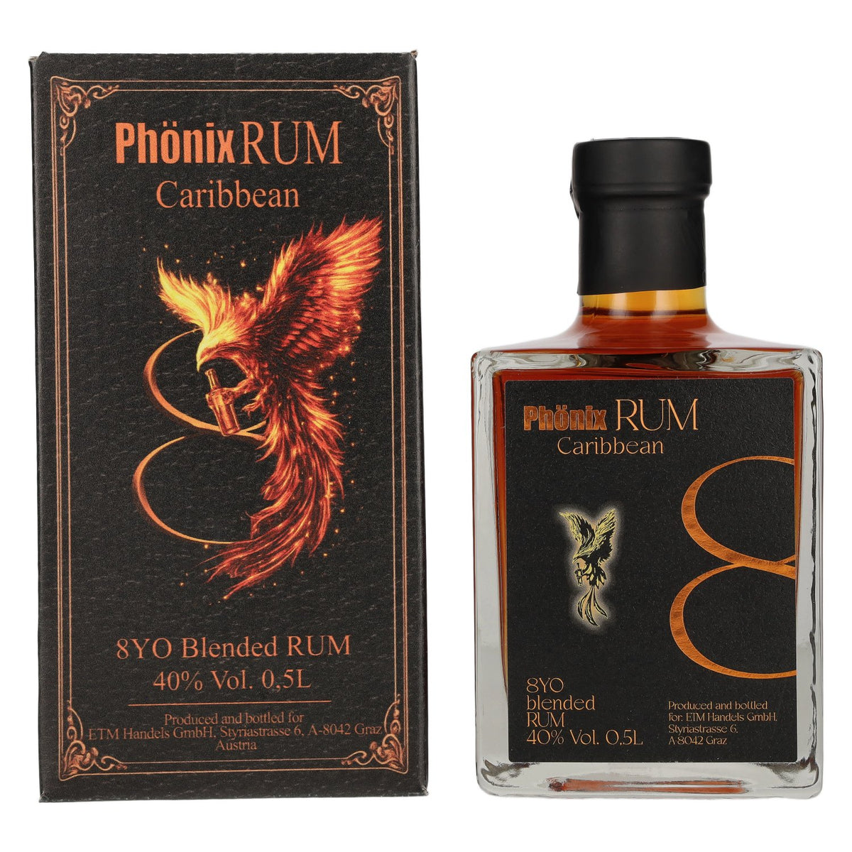 Phönix 8 Years Old Blended Caribbean Rum Black Design 40% vol. 0,5 l in geschenkverpakking