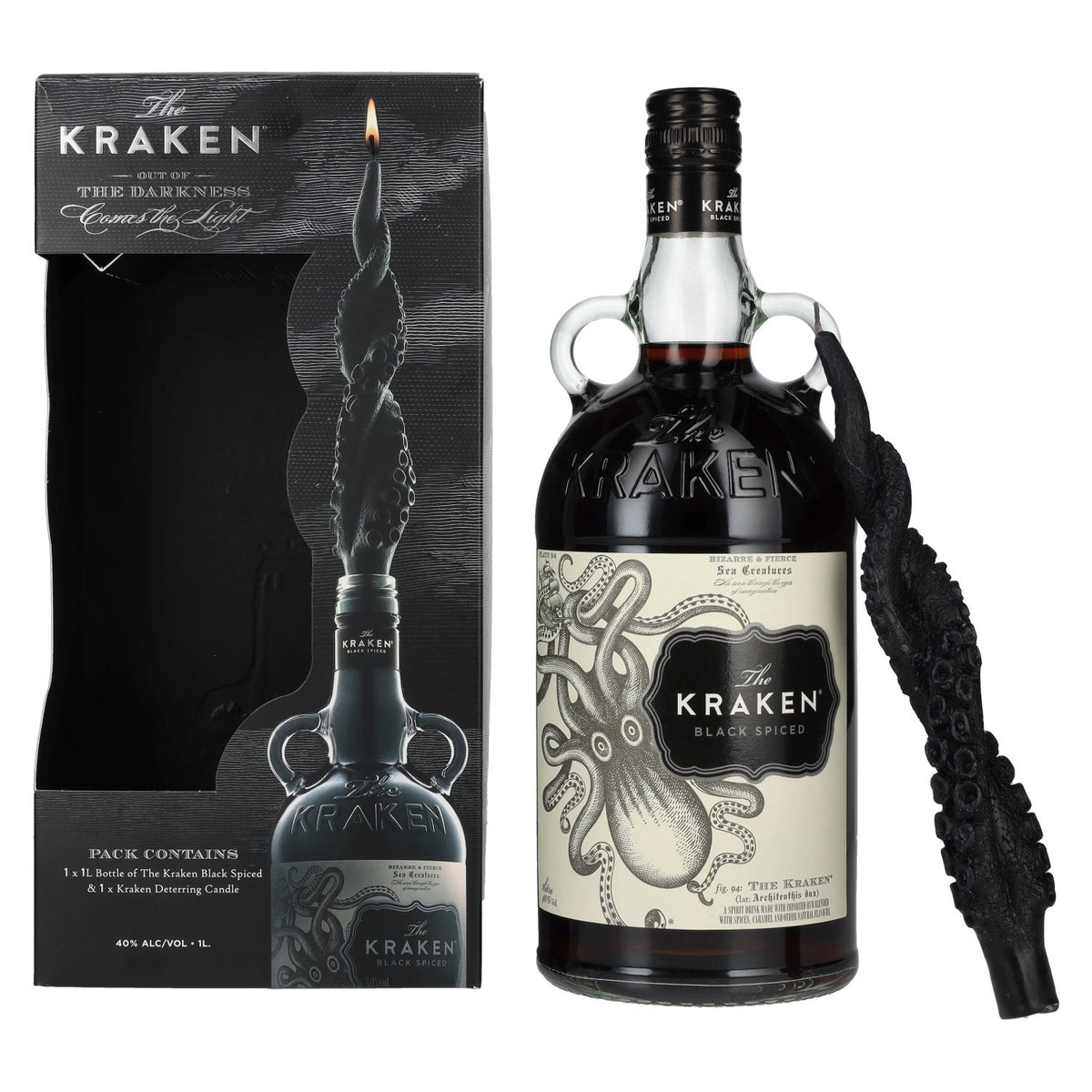 The Kraken Black Spiced 40% ABV 1l in a gift box with a candle