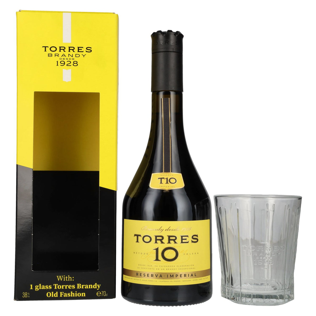 Torres 10 RESERVA Imperial Brandy 38 % vol., 0,7 l, dans un coffret cadeau avec un verre