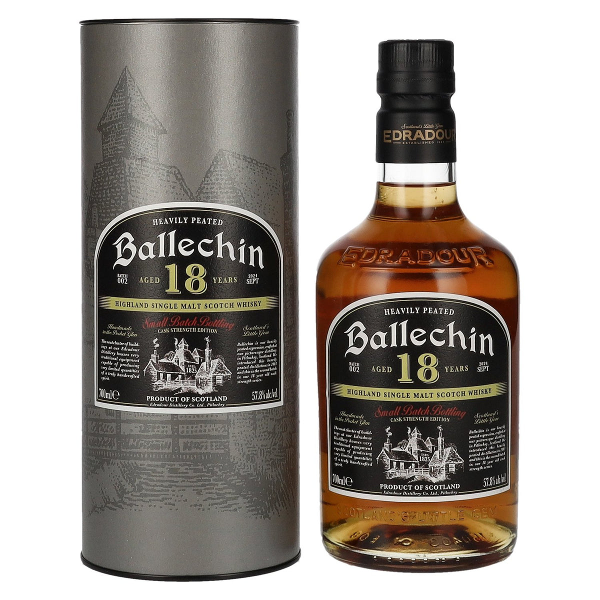Edradour Ballechin 18 ans d'âge, brut de fût, lot n° 2, 57,8 % vol., 0,7 l, dans un coffret cadeau