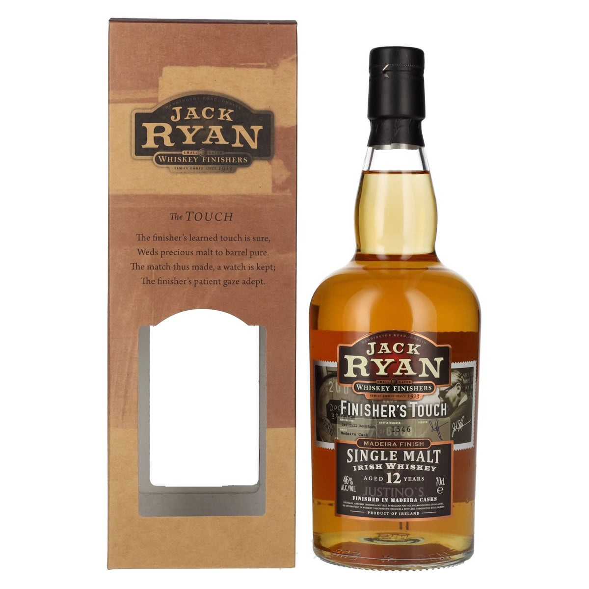 Jack Ryan 12 Years Old FINISHER'S TOUCH, Jack Ryan Whiskey irlandais single malt avec finition à la Madère, 46 % vol., 0,7 l, dans un coffret cadeau