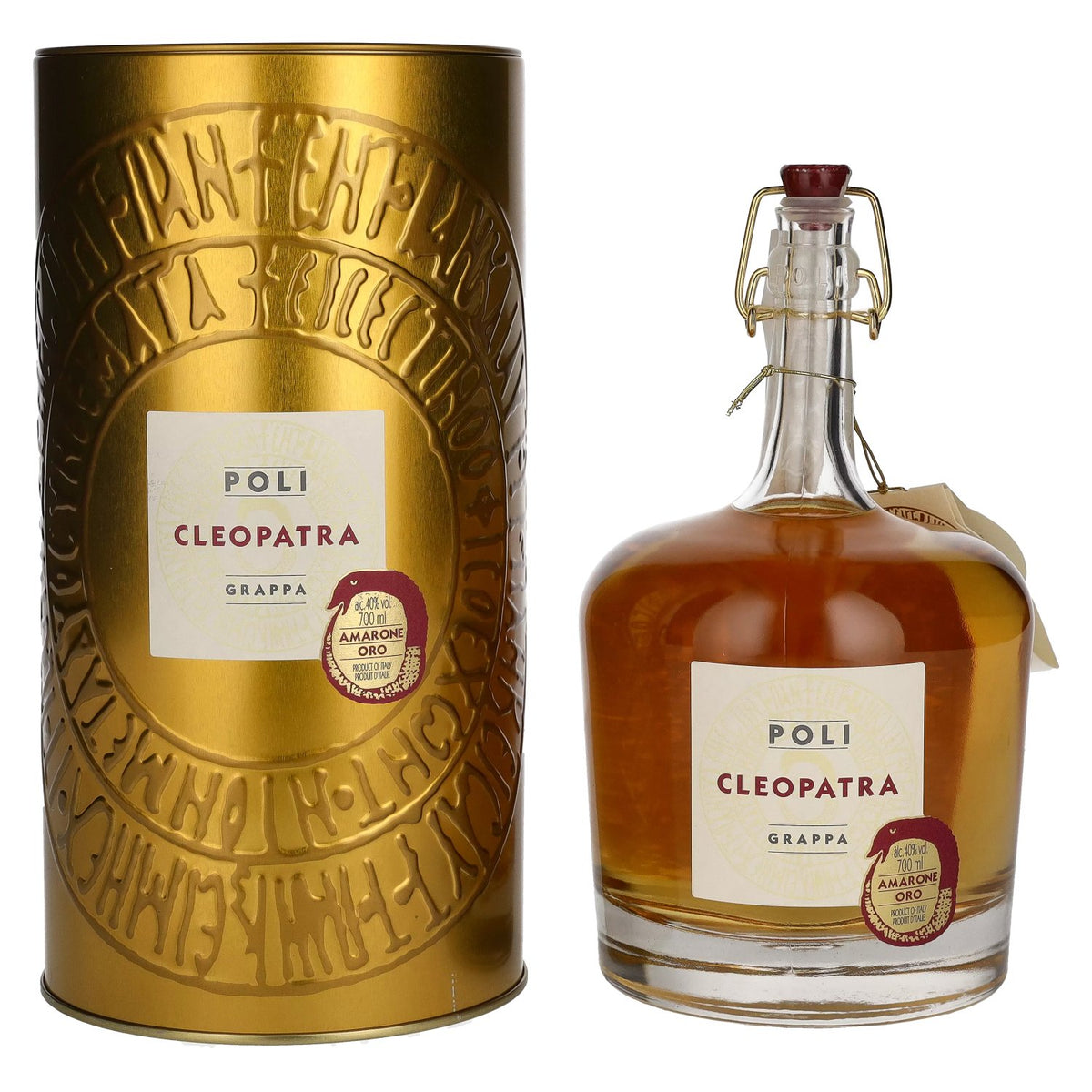 Poli Grappa Cleopatra Amarone Oro 40% vol. 0.7 l in a tin box