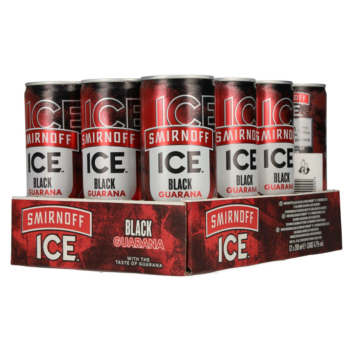 Smirnoff ICE Black Guarana 4.7% ABV, 12 x 0.25l tins, deposit required