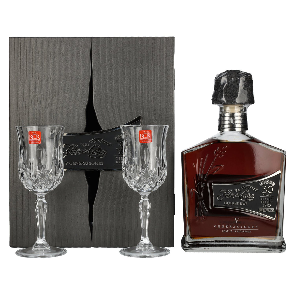 Flor de Caña 30 Years Old V Generaciones Single Barrel 1988 45% vol. 0,7 l in geschenkverpakking met 2 wijnglazen