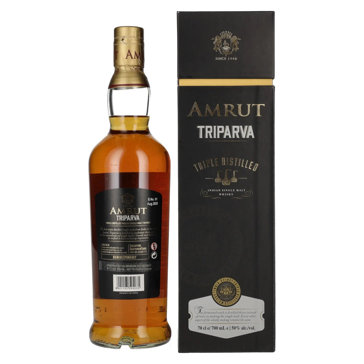 Amrut TRIPARVA driemaal gedistilleerde Indiase single malt whisky 50% vol. 0,7 l in geschenkverpakking