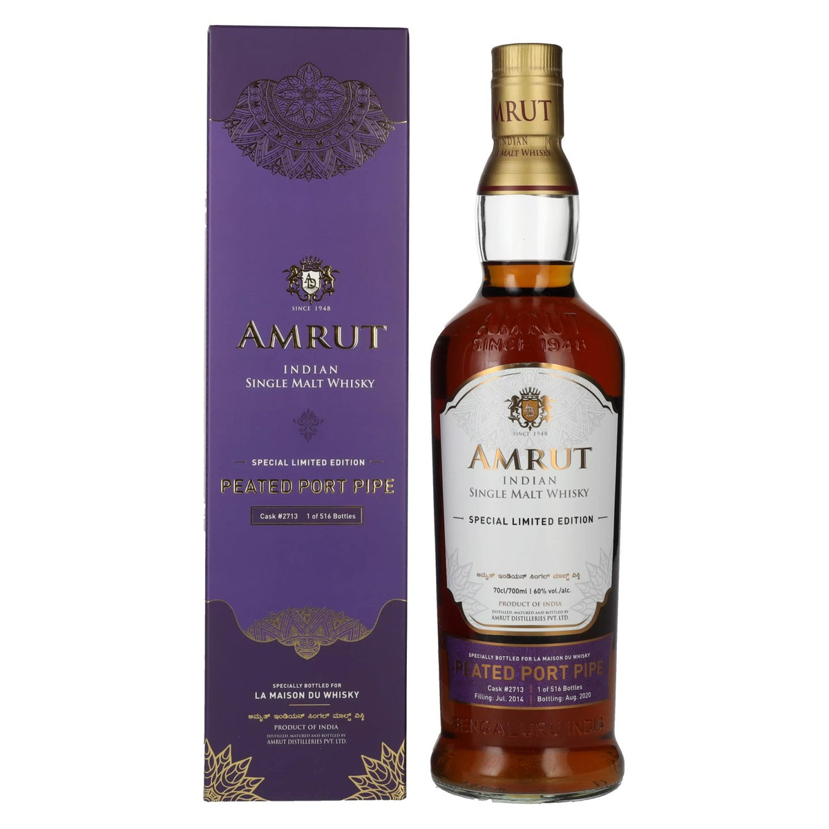 Whisky single malt indien Amrut PORT PIPE, 60 % vol., 0,7 l, dans un coffret cadeau