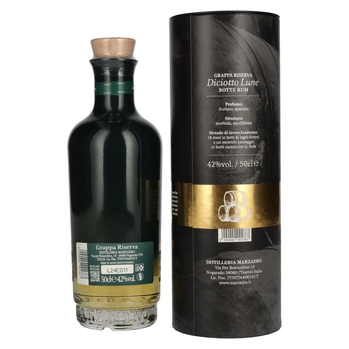 Marzadro DICIOTTO Lune Grappa Riserva Botte Rum 42 % vol., 0,5 l, dans un coffret cadeau