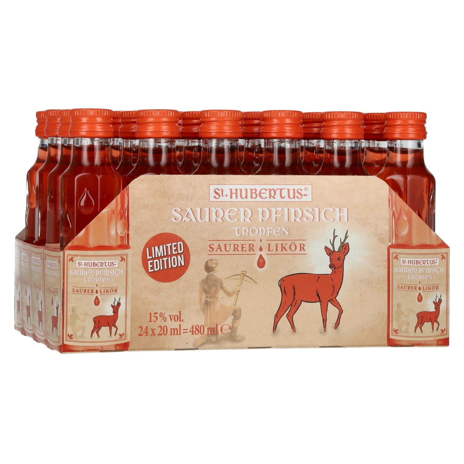 St. Hubertus SAURER PFIRSICH Tropfen Saurer-Likör Limited Edition 15% Vol. 24x0,02l