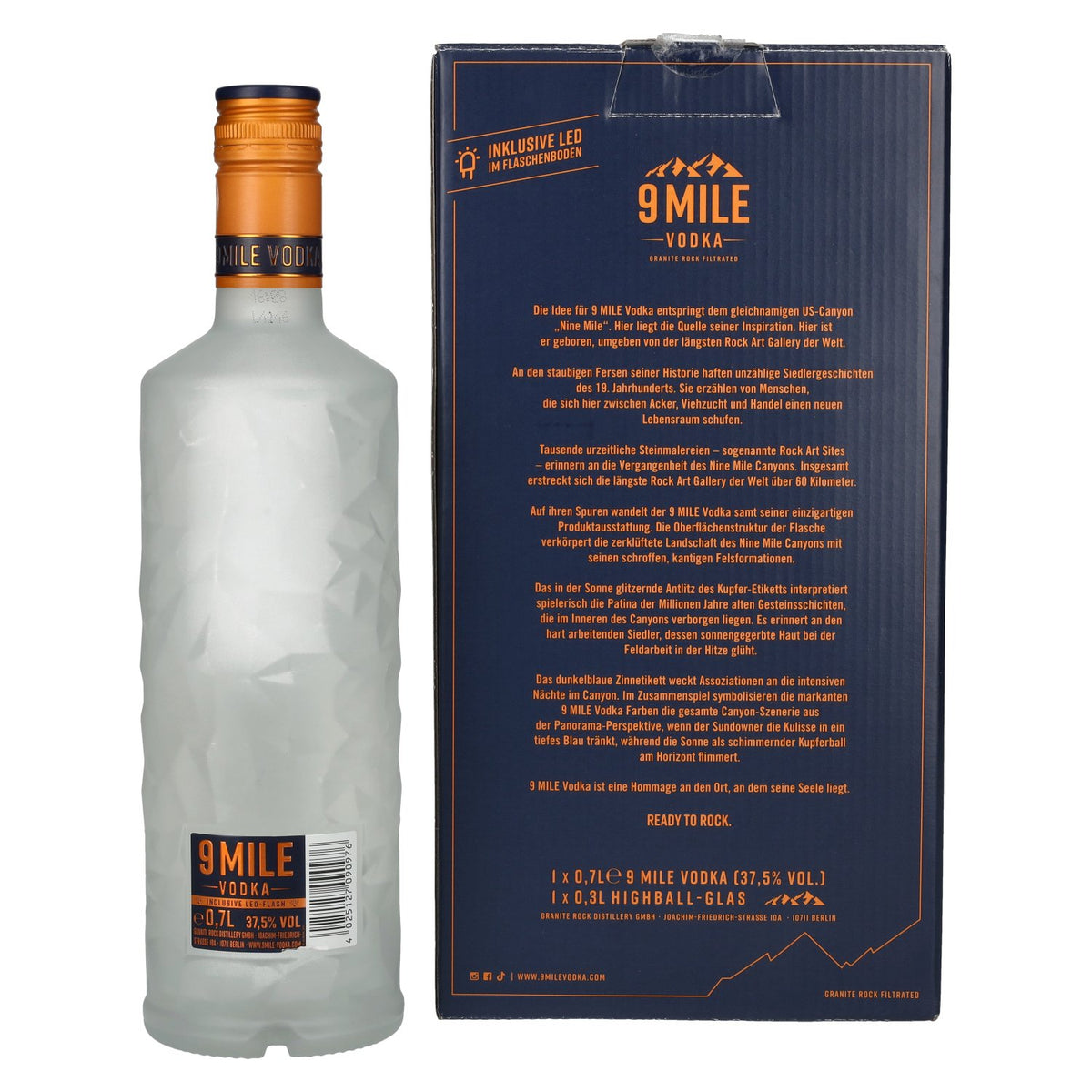 9 Mile Vodka 37,5 % vol., 0,7 l, dans un coffret cadeau avec un verre