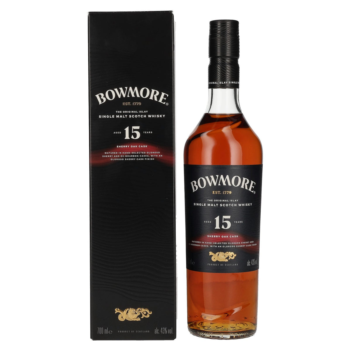 Bowmore 15 ans d'âge, vieilli en fûts de sherry, single malt d'Islay, 43 % vol., 0,7 l, dans un coffret cadeau