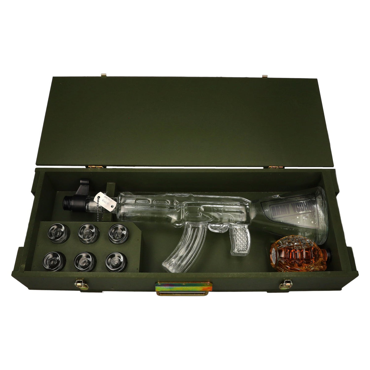 Army AK-47-wodka 40% vol. 1 l in een houten kistje met kruidenlikeur ‘Granate’ 0,2 l en 6 shotglaasjes