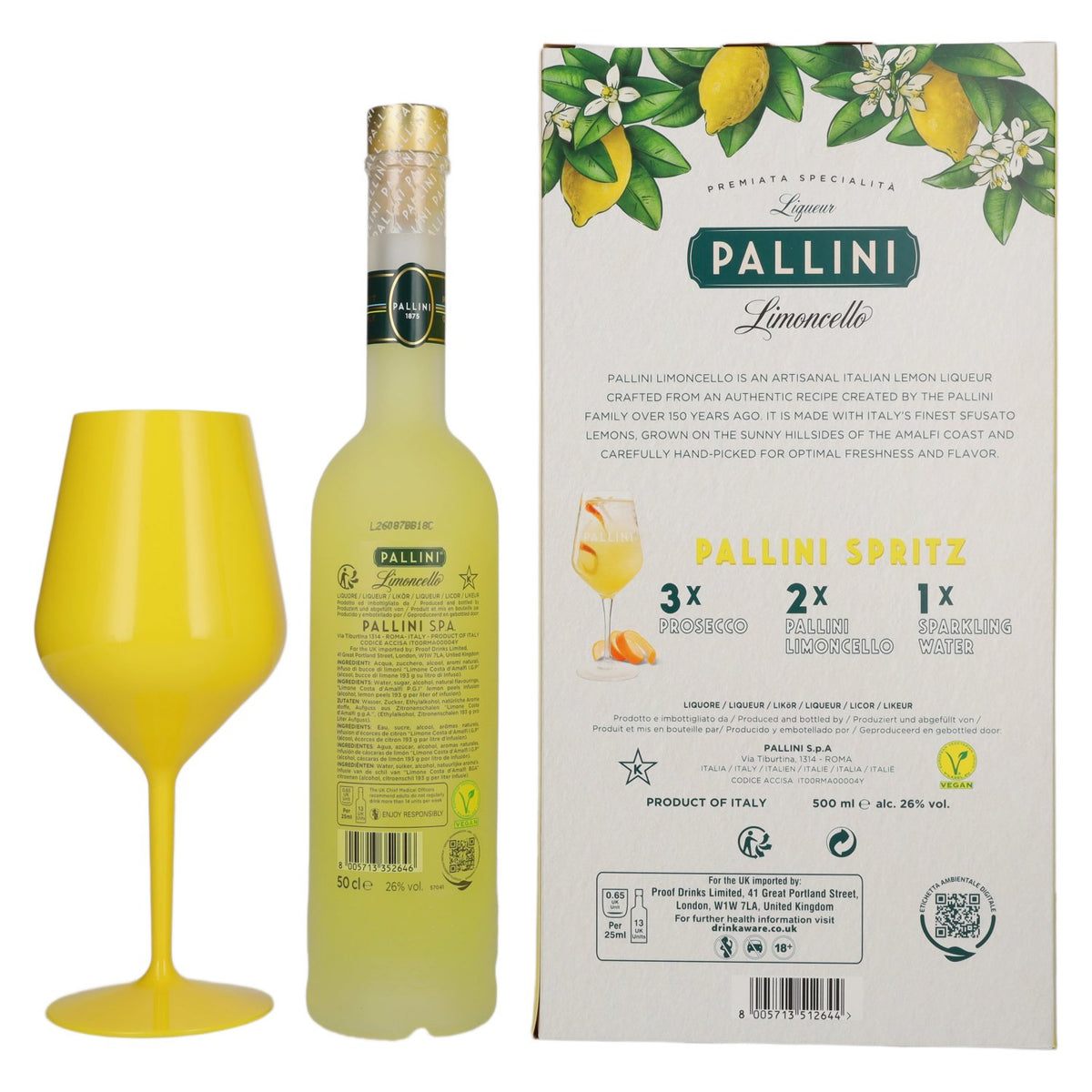 Pallini Limoncello Liqueur 26% Vol. 0,5l in Geschenkbox mit Glas