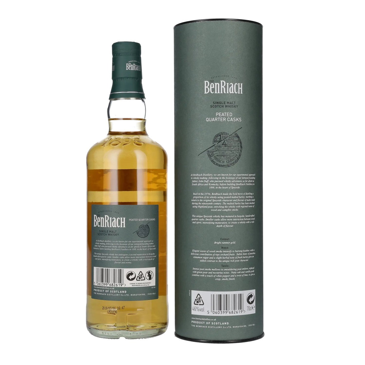 Whisky single malt écossais Benriach PEATED QUARTER CASKS, 46 % vol., 0,7 l, dans un coffret cadeau