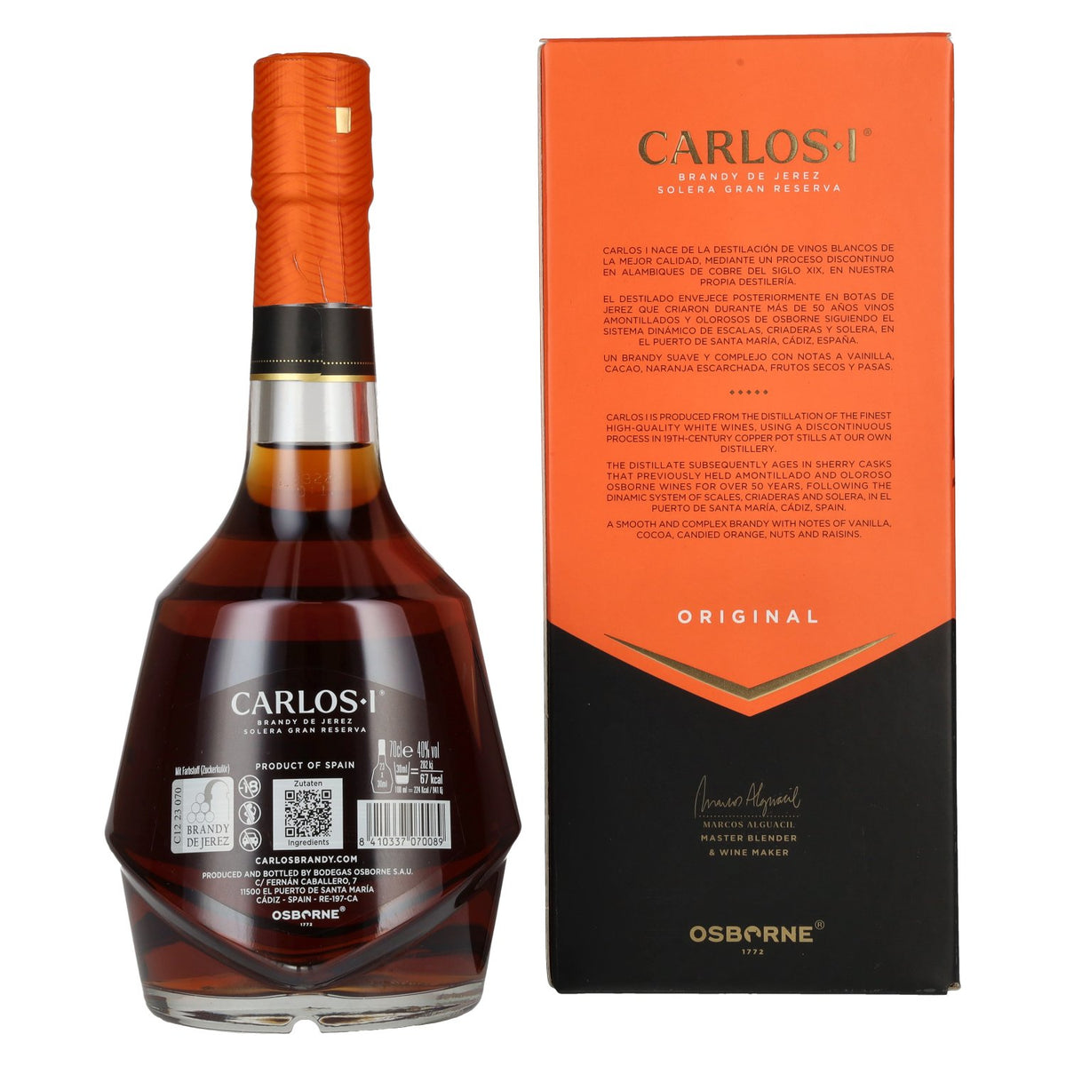 Brandy Carlos I de Jerez de la Frontera Solera Gran Reserva, vieilli en fûts de xérès, 40 % vol., 0,7 l, dans un coffret cadeau