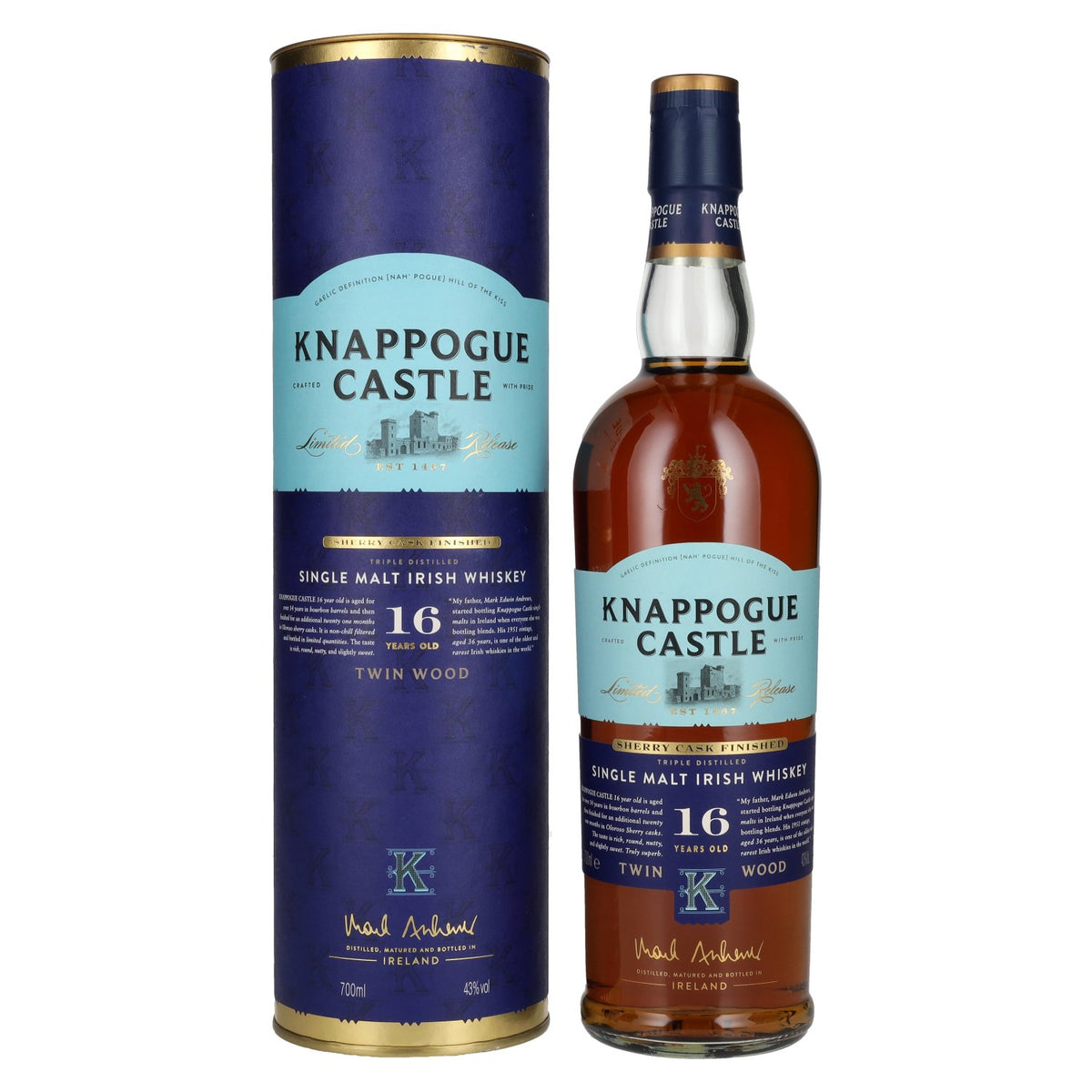 Knappogue Castle 16 Years Old TWIN WOOD SHERRY CASK FINISHED 43% vol. 0.7 l in a gift box
