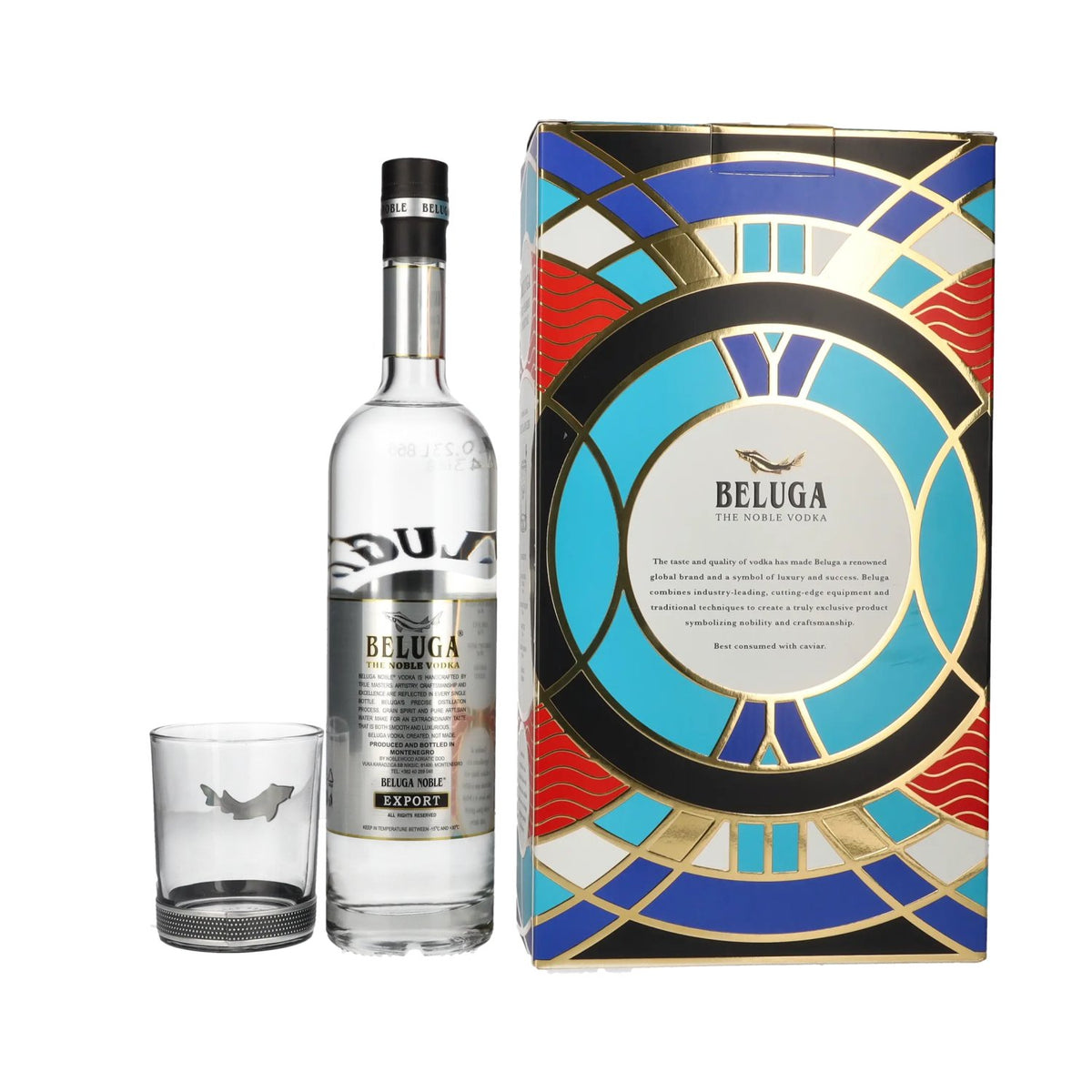 Beluga Noble Vodka EXPORT Montenegro 40% vol. 0,7 l in geschenkverpakking met glas