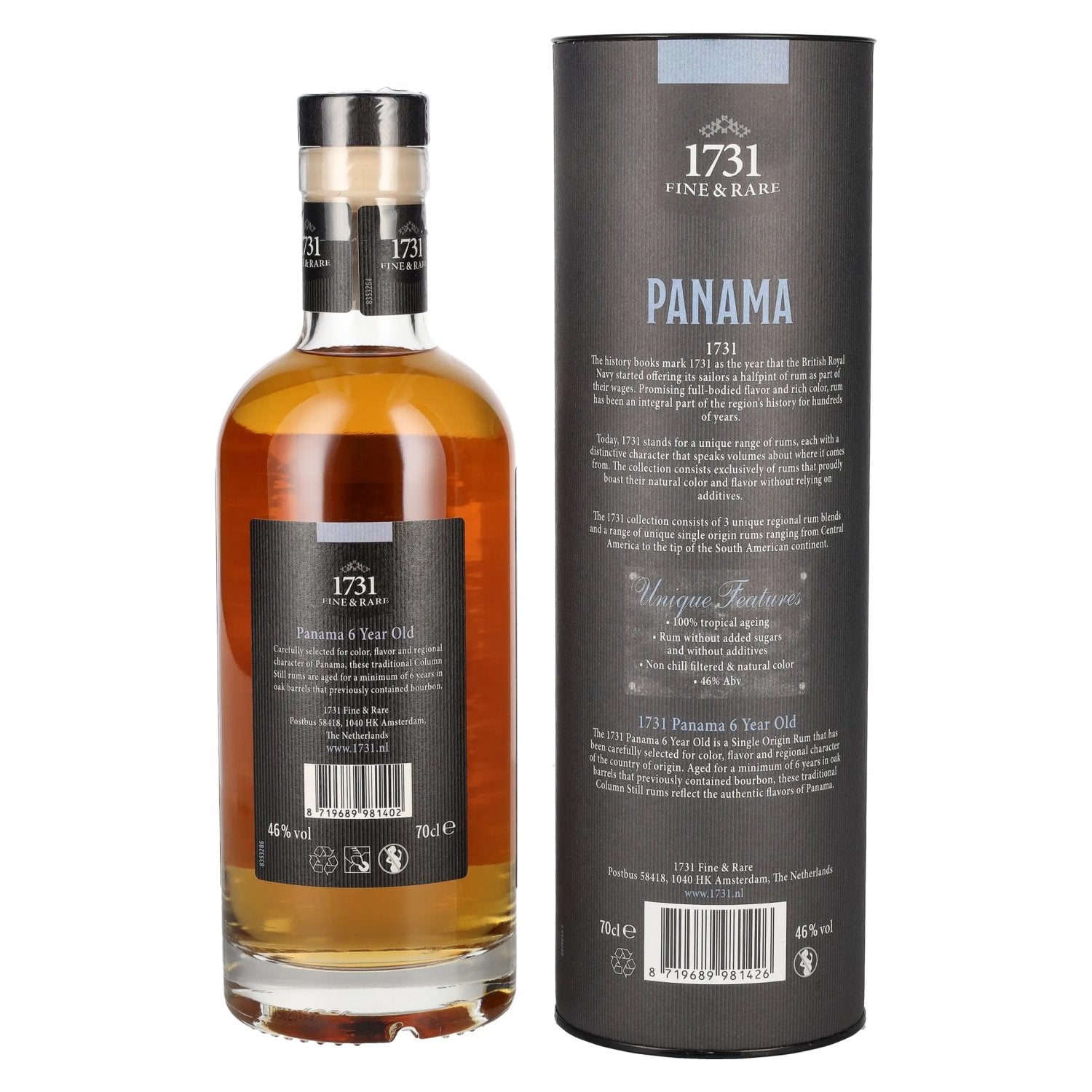 1731 Fine &amp; Rare Panama Rum 6 Jaar Oud Single Origin 46% Vol. 0,7l in geschenkverpakking