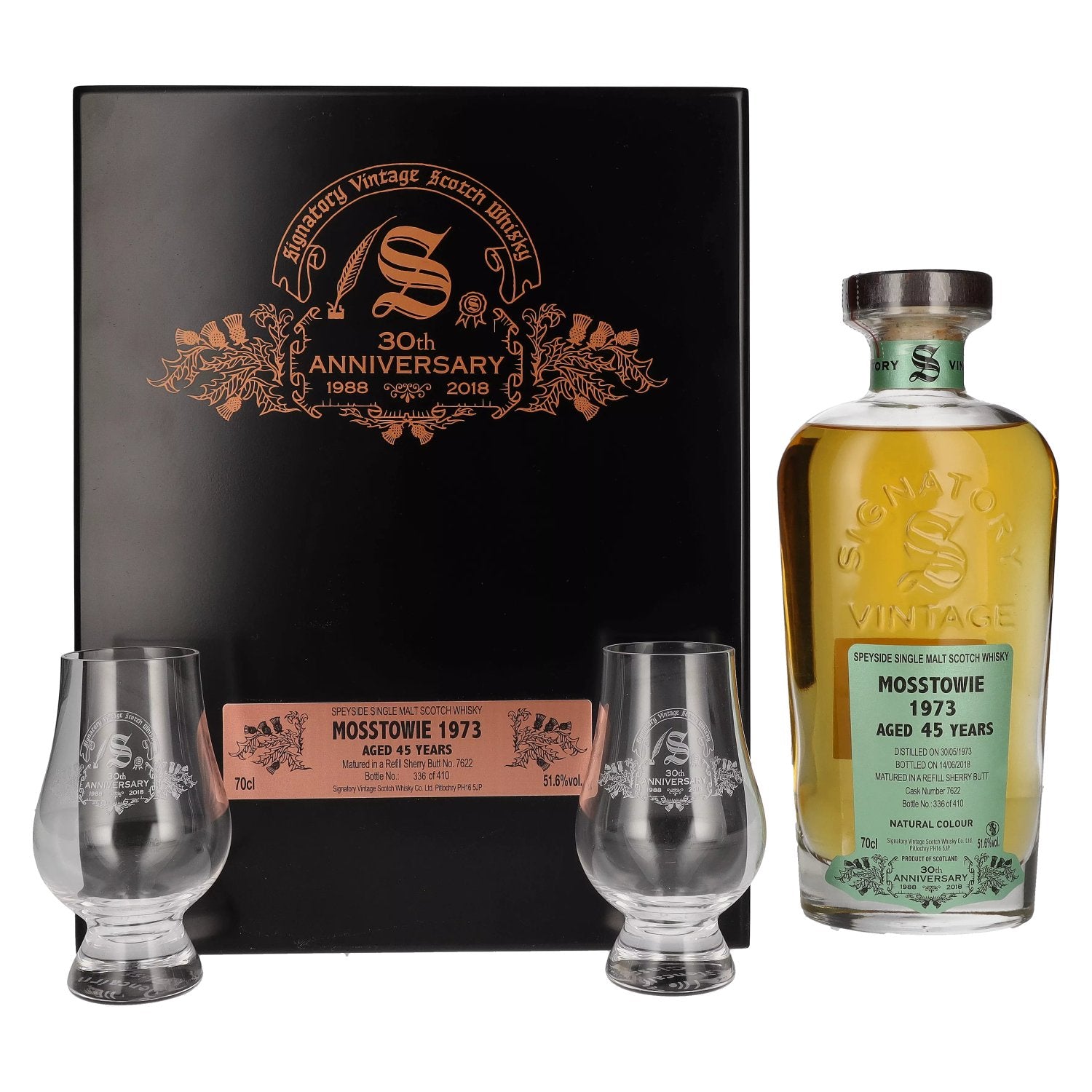 Signatory Vintage MOSSTOWIE 45 Years Old 30th ANNIVERSARY 1973 51,6% vol. 0,7l dans une caisse en bois avec 2 verres