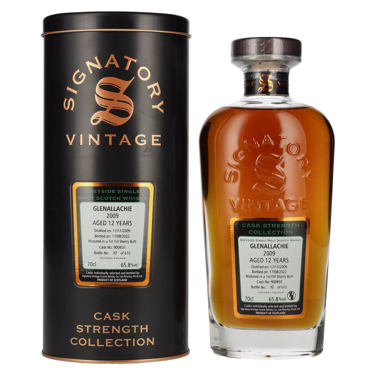 Signatory Vintage GLENALLACHIE 12 Years Old Cask Strength 2009 65,8% vol. 0,7 l in blikken doos