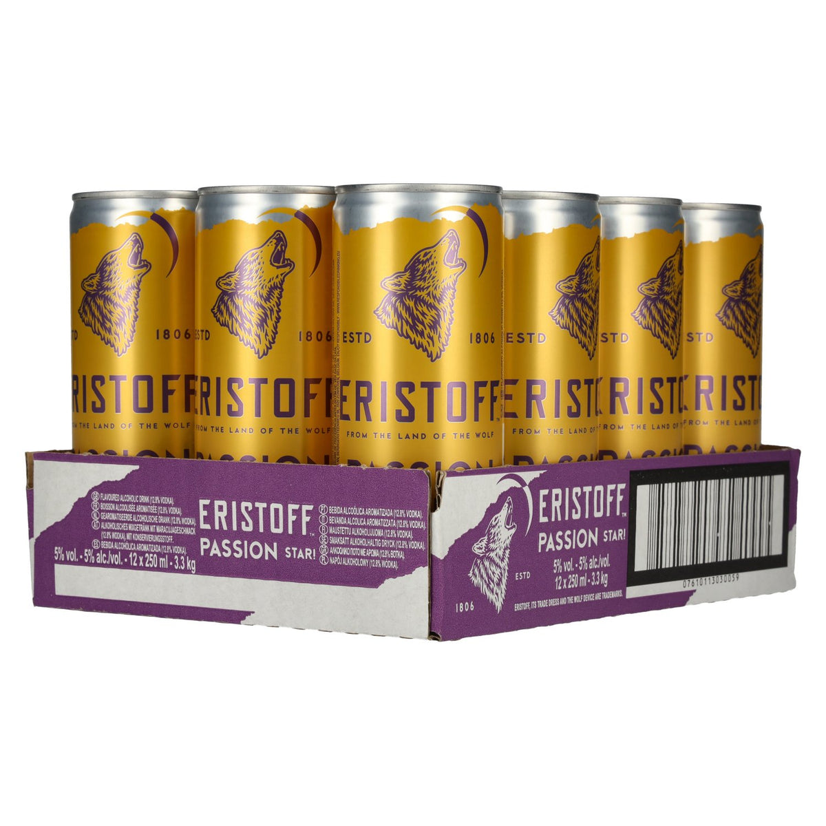 Eristoff Passion Star 5% ABV, 12 x 0.25-litre tins, deposit required