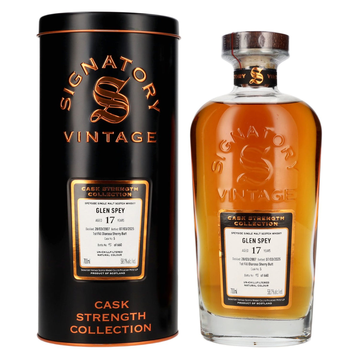 Signatory Vintage Glen Spey 17 ans d'âge, premier remplissage en fût d'Oloroso, brut de fût n° 5, 2007, 58,1 % vol., 0,7 l dans une boîte en fer-blanc