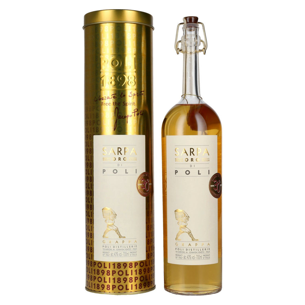 Poli Grappa Sarpa Oro di Poli 40% ABV, 0.7 litres in a tin box