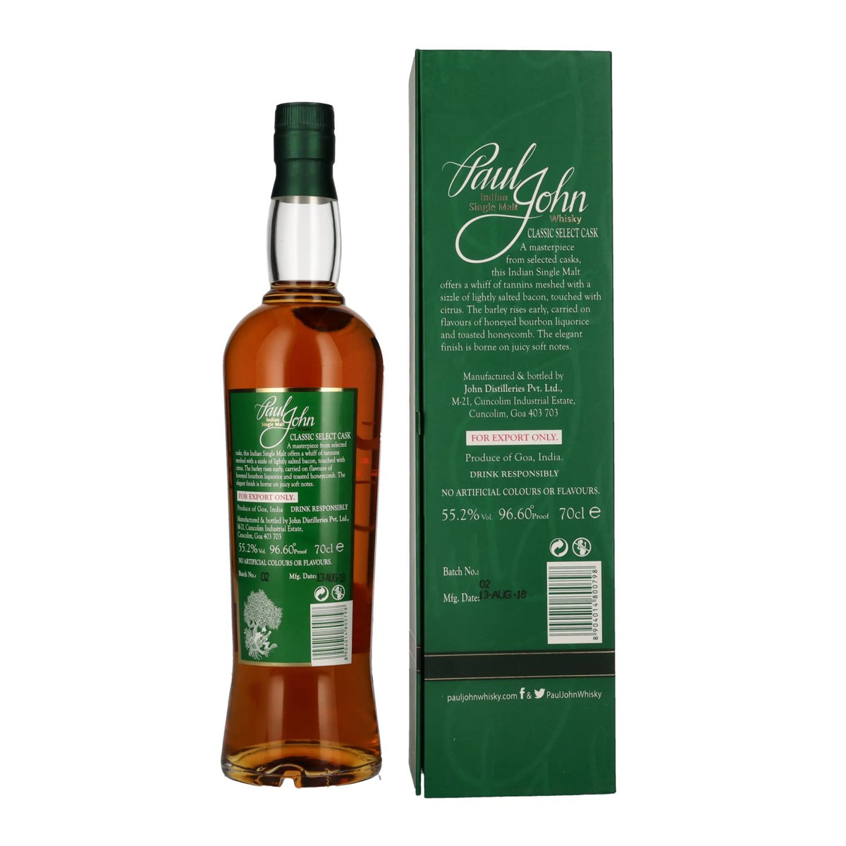 Paul John CLASSIC Select Cask Indian Single Malt Whisky 55.2% ABV, 0.7l, in a gift box
