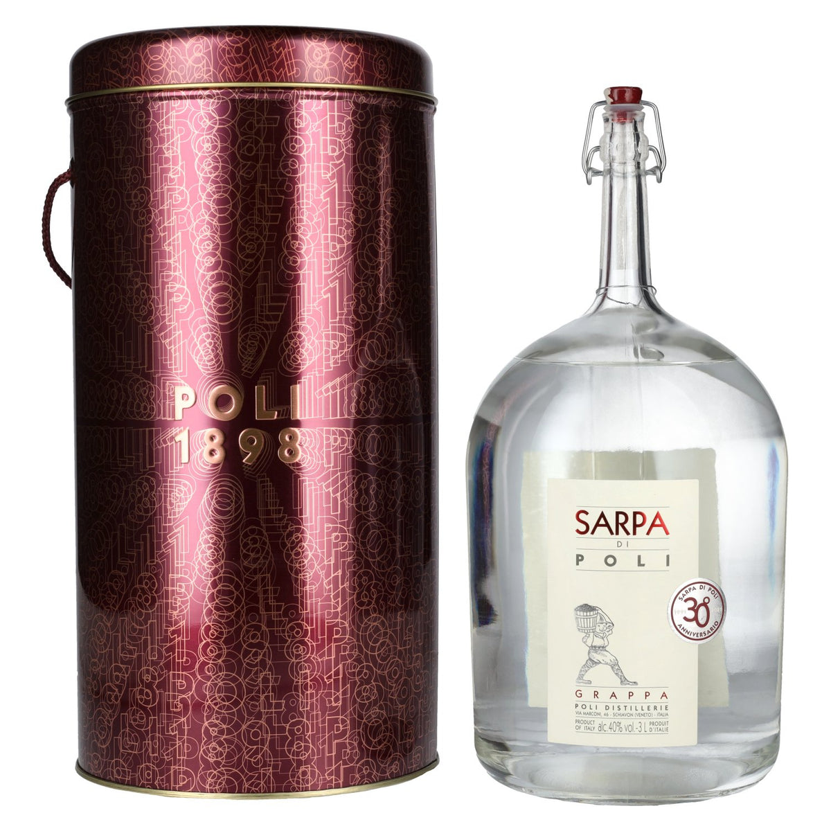 Poli Grappa Sarpa di Poli 40% ABV, 3 litres in a tin box