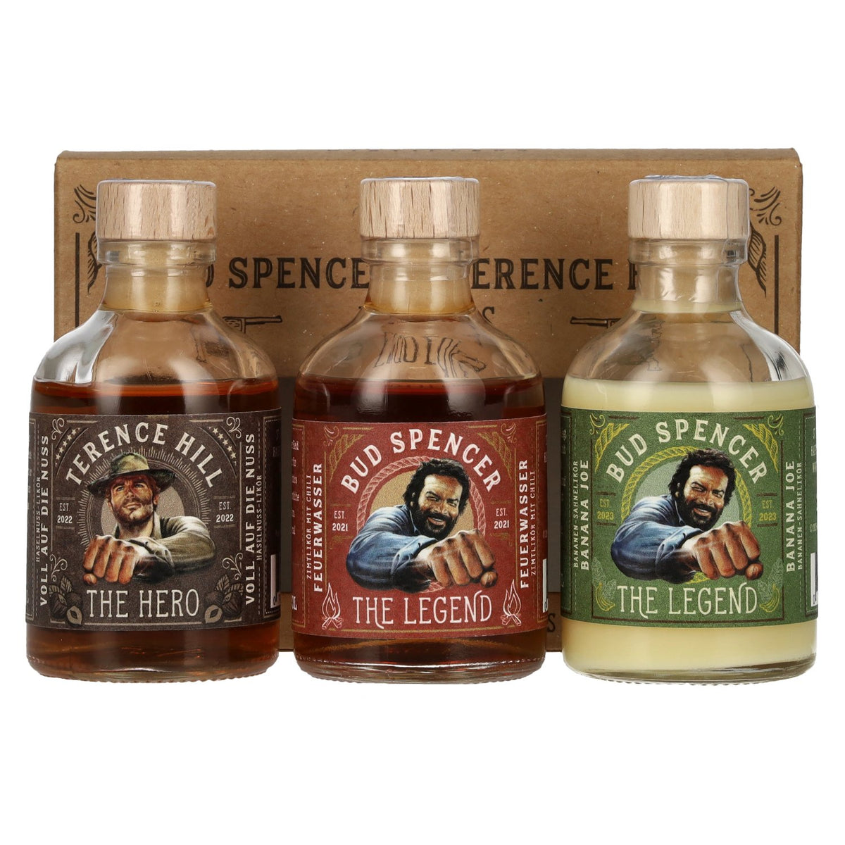 Bud Spencer &amp; Terence Hill miniset likeur 25% vol. 3 x 0,05 l in geschenkverpakking