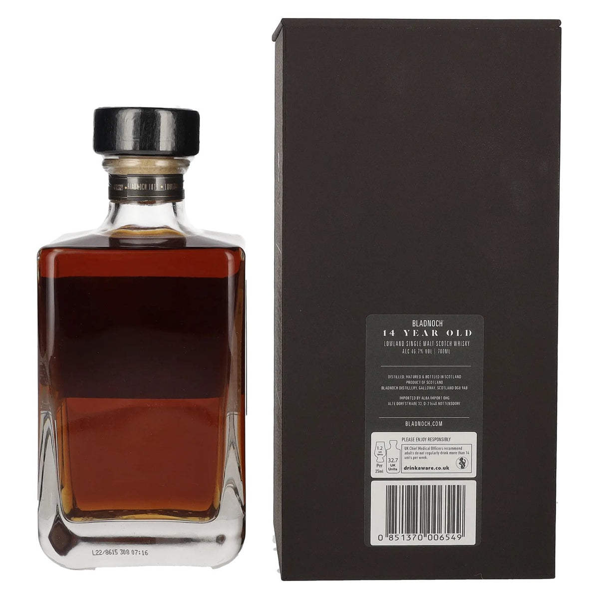 Bladnoch 14 ans d'âge, single malt des Lowlands, vieilli en fûts de sherry Oloroso, 46,7 % vol., 0,7 l, dans un coffret cadeau