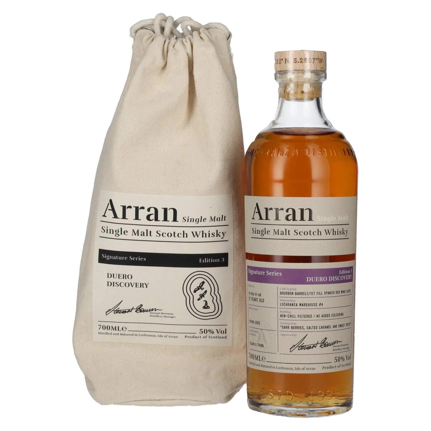 The Arran Malt Signature Series 3 DUERO DISCOVERY Single Malt Scotch Whisky 50% Vol. 0,7l in een linnen zak