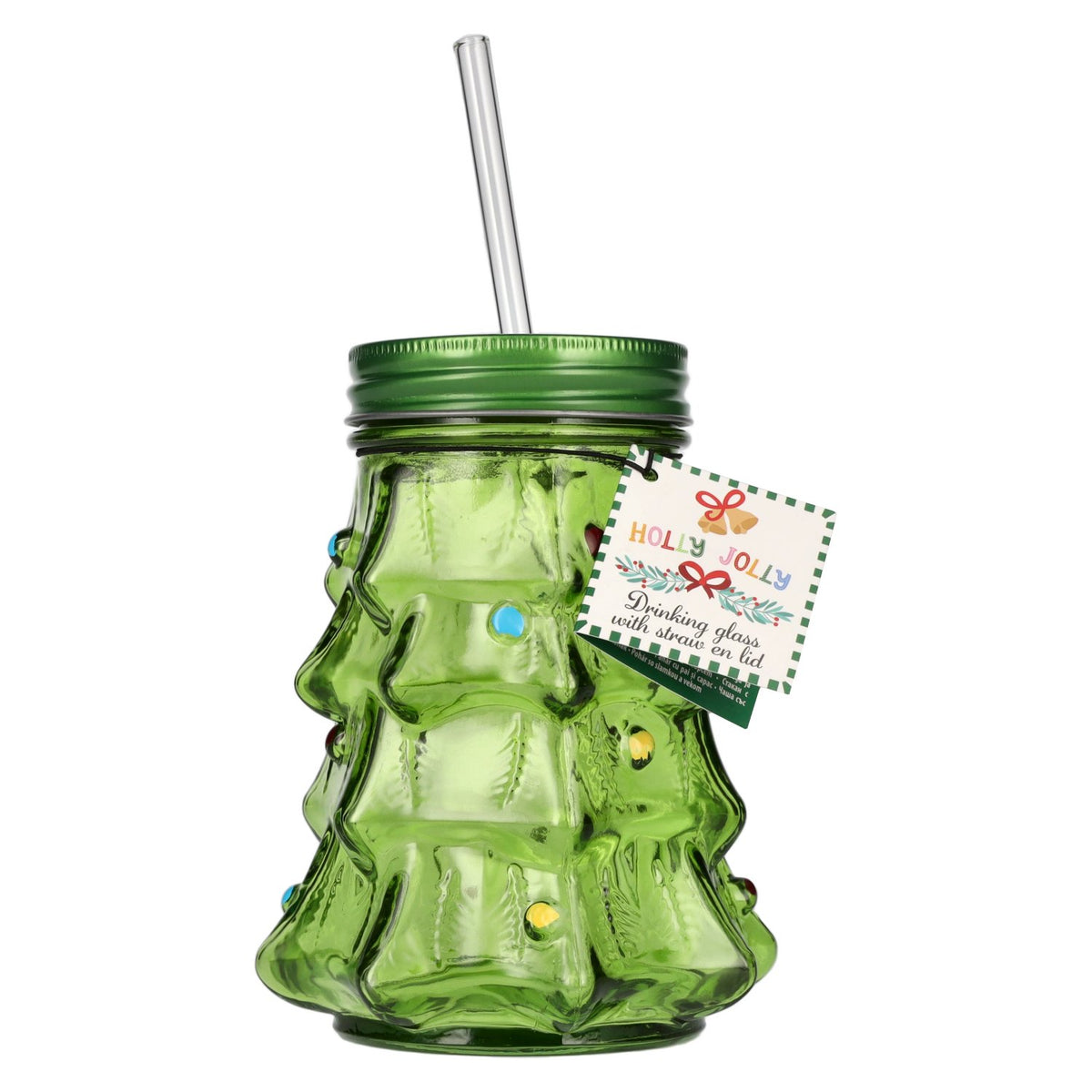 0.5-litre Christmas tree drinking glass with lid and straw