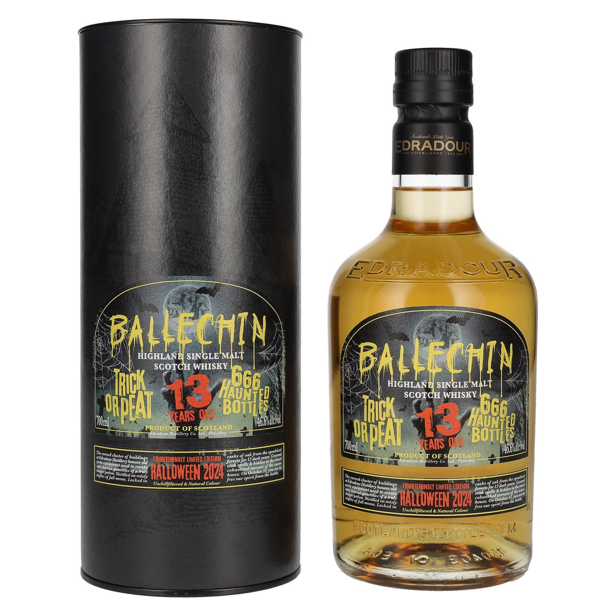 Edradour Ballechin 13 ans d'âge « Trick Or Peat » Édition limitée Halloween 2024 46,6 % vol. 0,7 l dans un coffret cadeau
