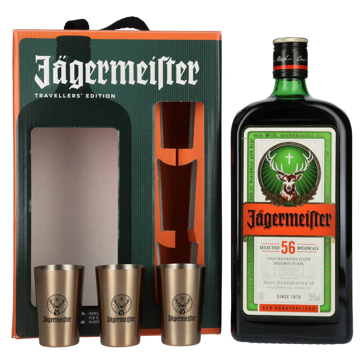 Jägermeister TRAVELLERS' EXCLUSIVE 35 % vol., 1 l, dans un coffret cadeau comprenant 3 verres à shot en métal