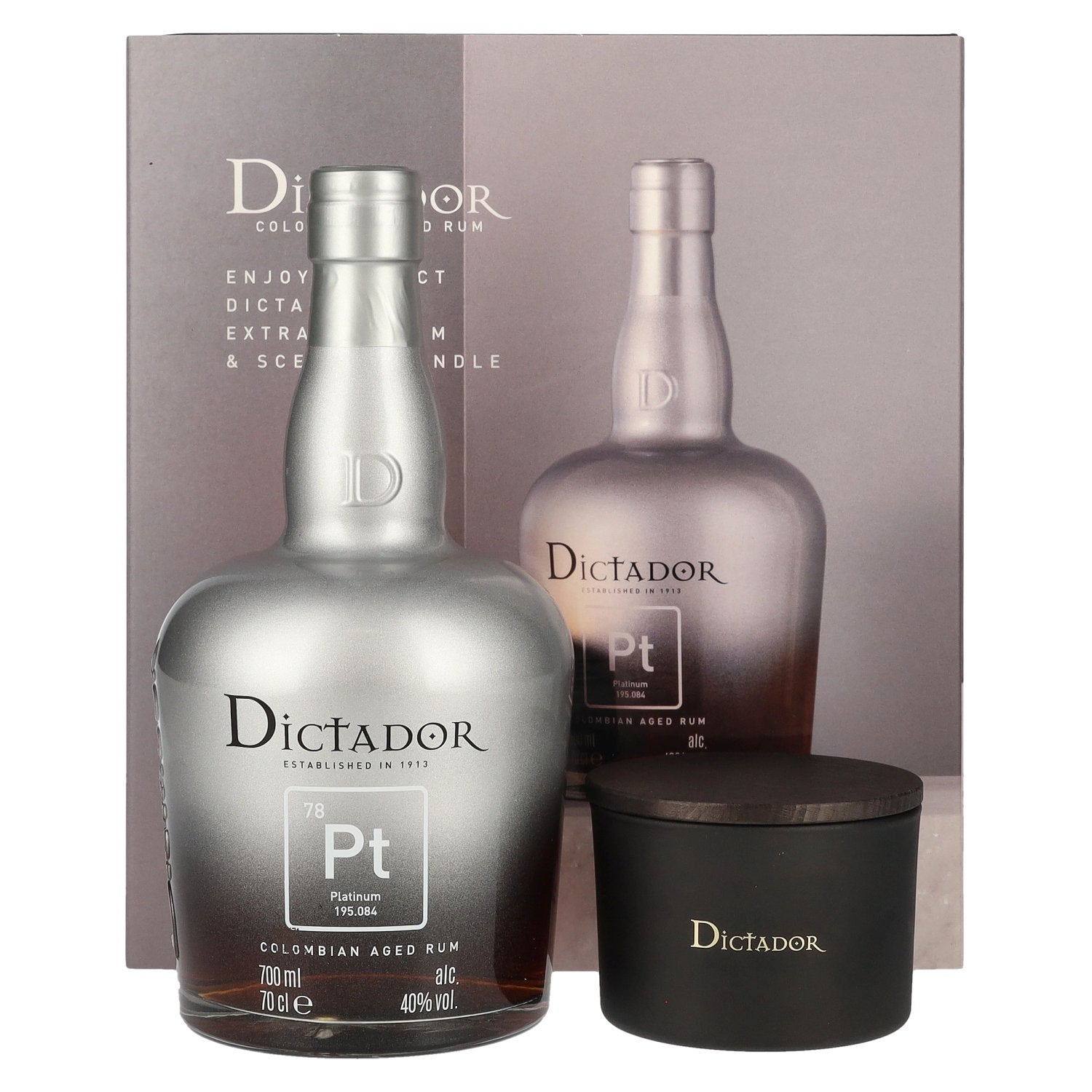 Dictador PLATINUM Colombian Aged Rum 40% Vol. 0,7l in geschenkverpakking met kaars