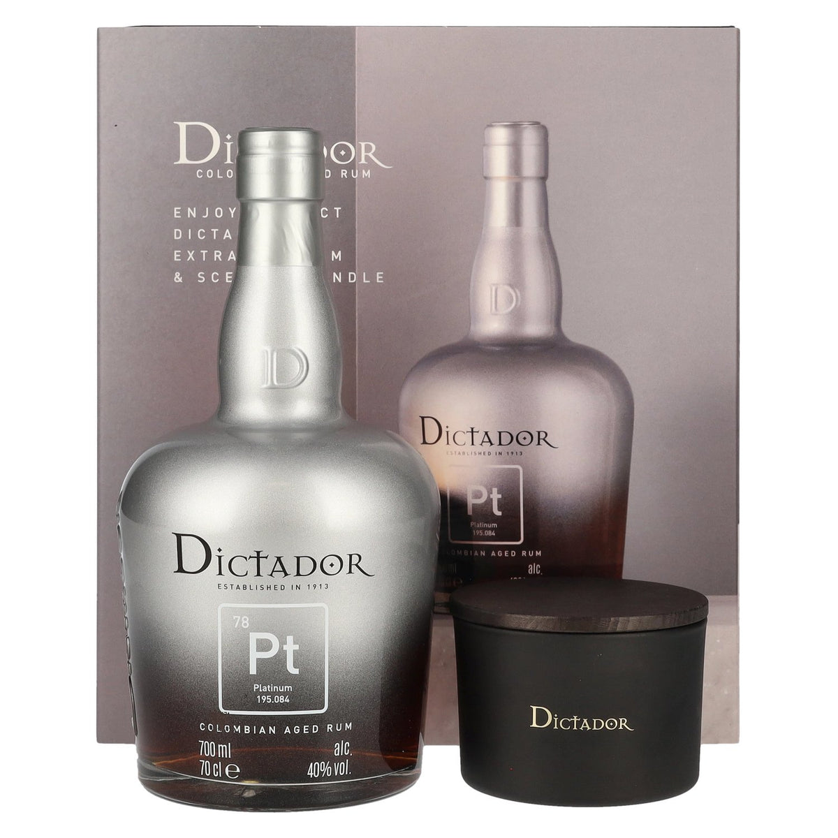 Dictador PLATINUM Colombian Aged Rum 40% vol. 0.7 l in a gift box with a candle