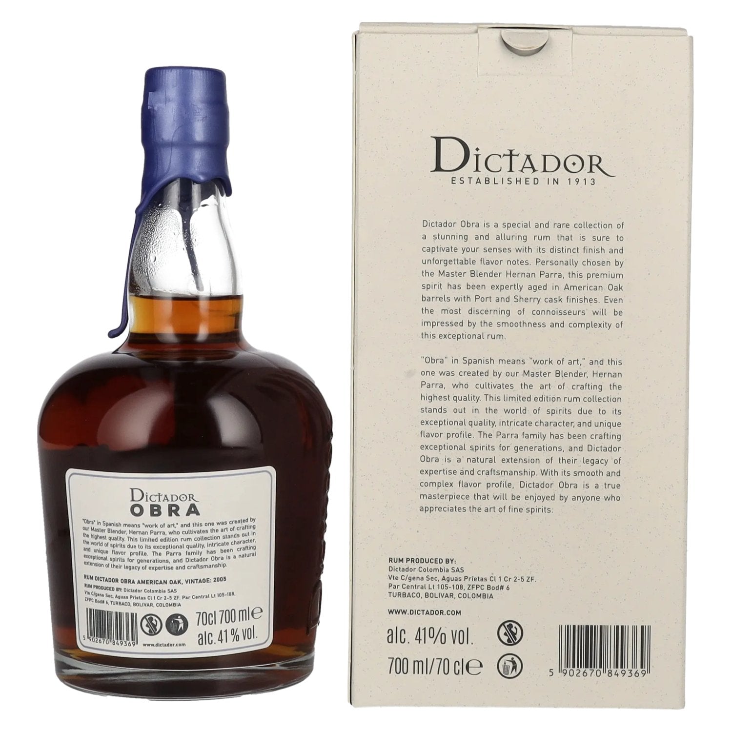 Dictador OBRA VINTAGE 18 Years Old AMERICAN OAK CASK Rum 2005 41% Vol. 0,7l en boîte cadeau