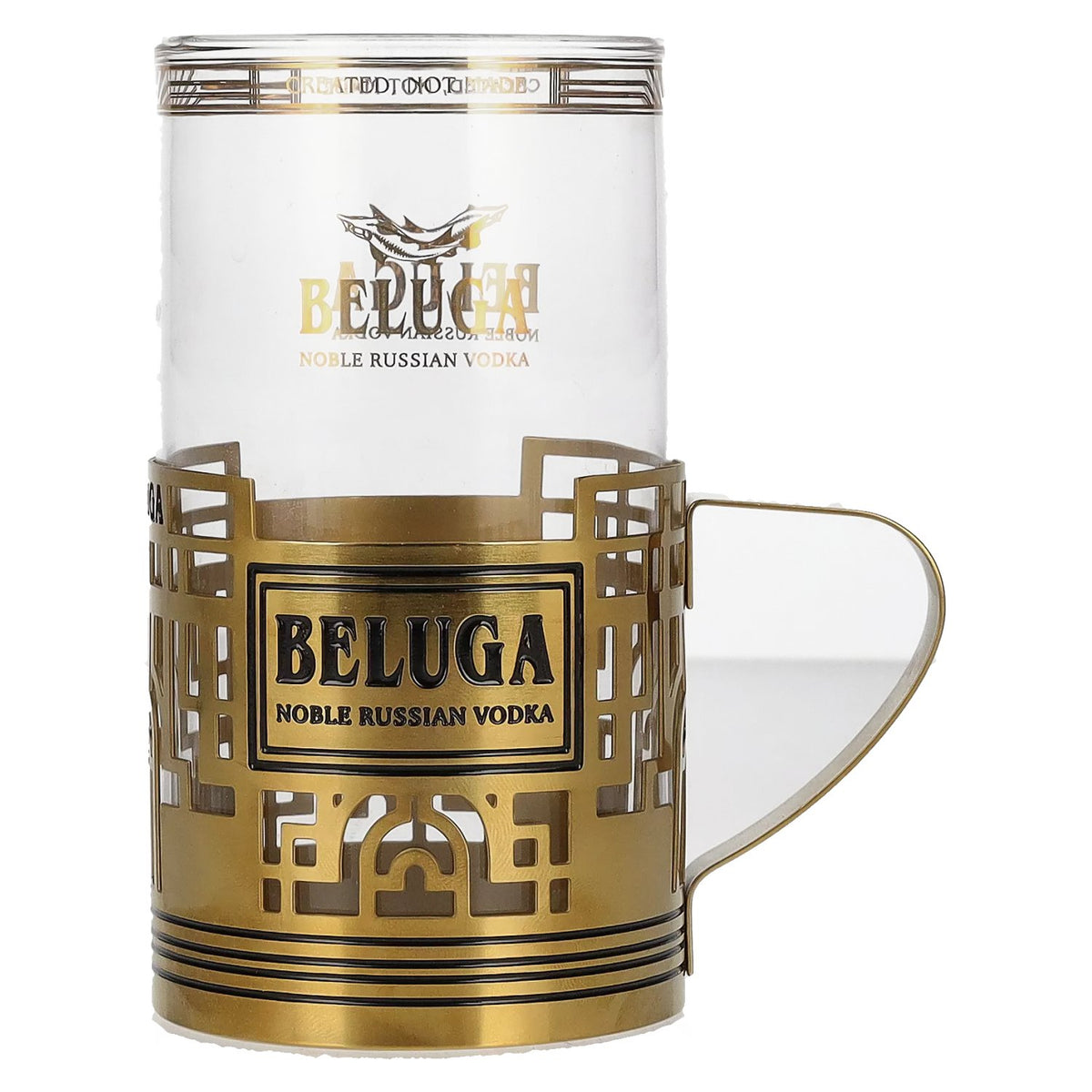 Beluga Noble Russian Vodka EXPORT Highball glass in a glass holder