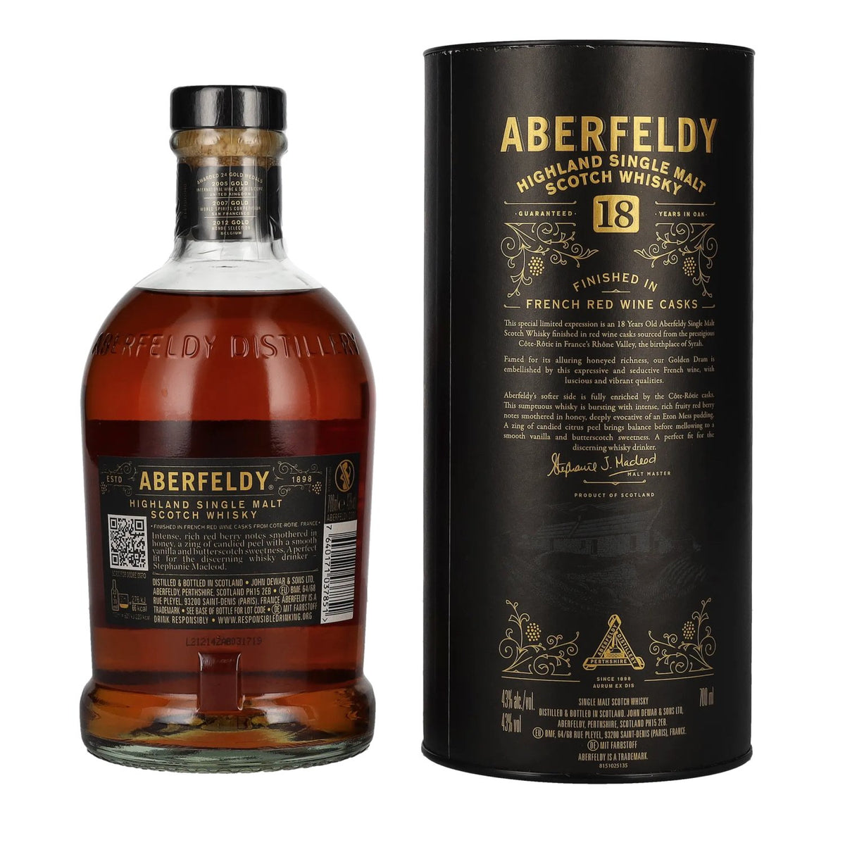Aberfeldy 18 ans d'âge, fûts de vin rouge CÔTE RÔTIE, 43 % vol., 0,7 l, dans un coffret cadeau