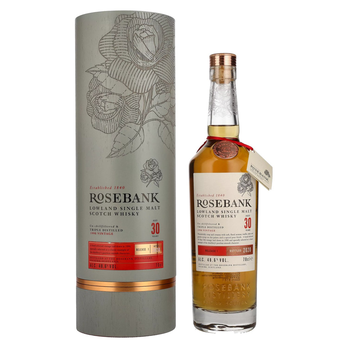 Rosebank 30 ans d'âge, single malt des Lowlands, ÉDITION I 2020, 48,6 % vol., 0,7 l, dans un coffret cadeau