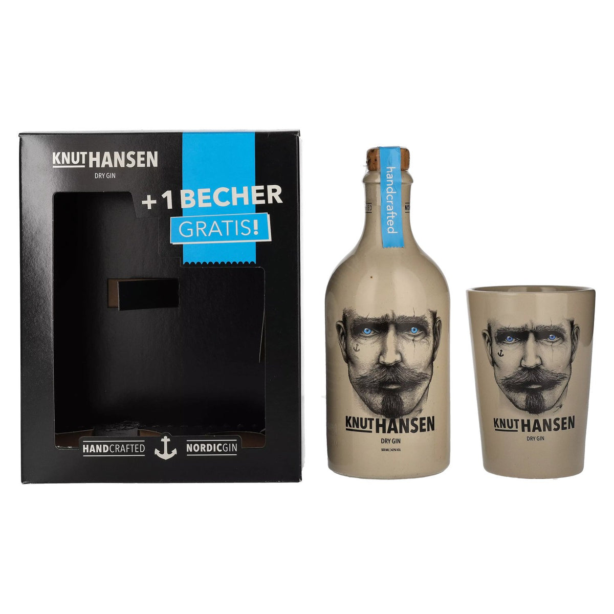 Knut Hansen Dry Gin 42% vol. 0,5 l in een geschenkverpakking met een keramische mok